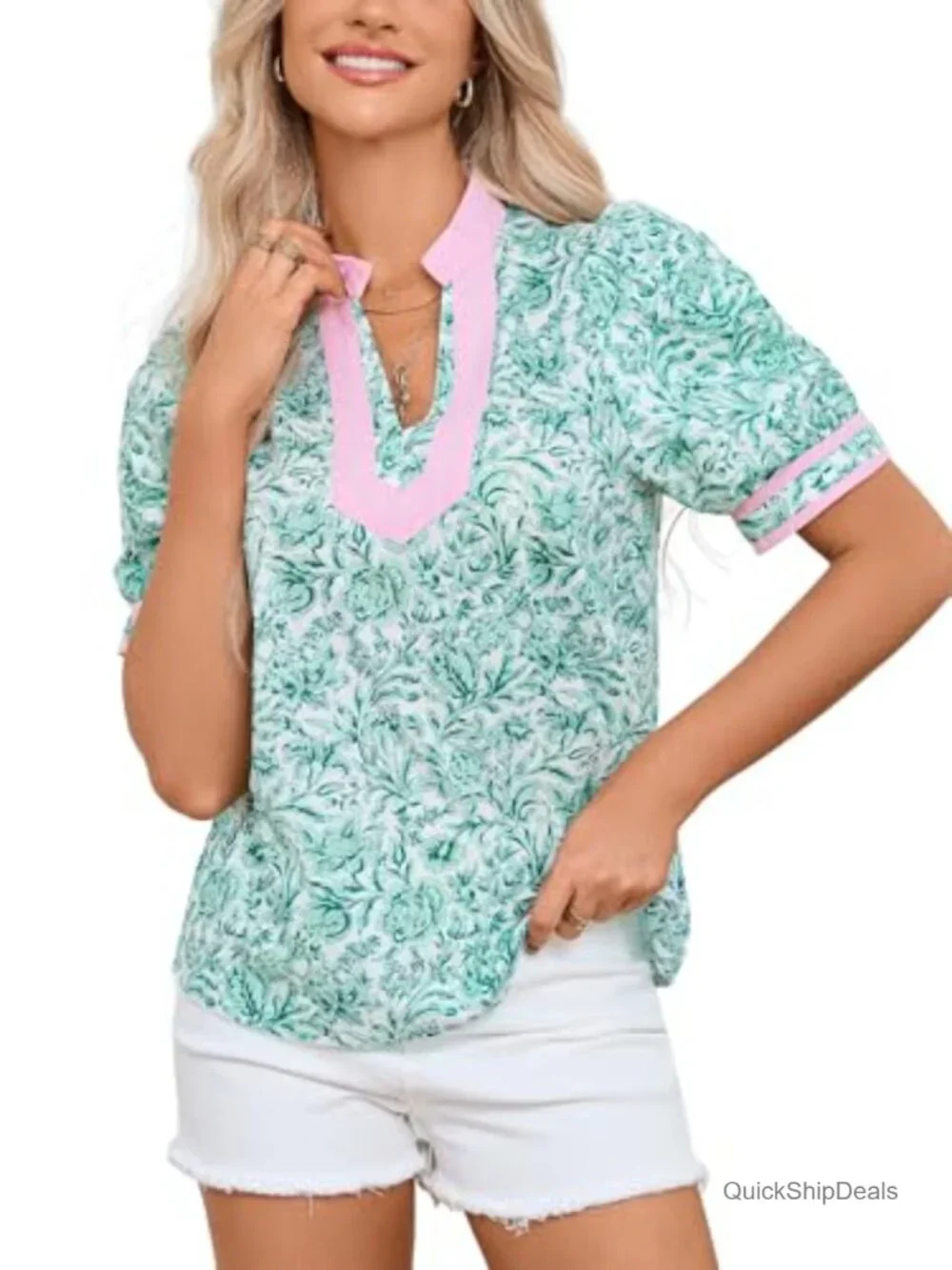 Floral Print Short Puff Sleeve V Neck Patchwork Collared Blouse